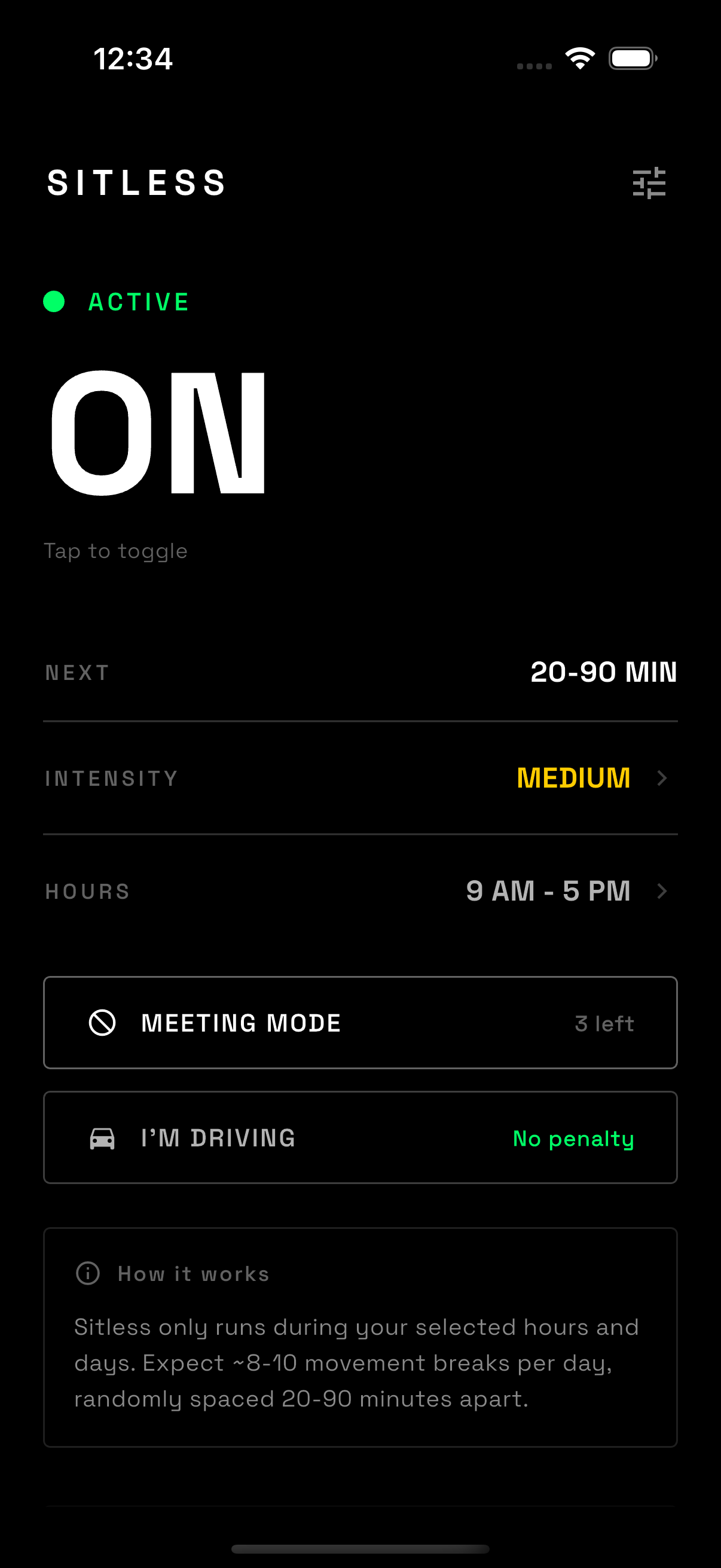 Sitless home screen showing ON state