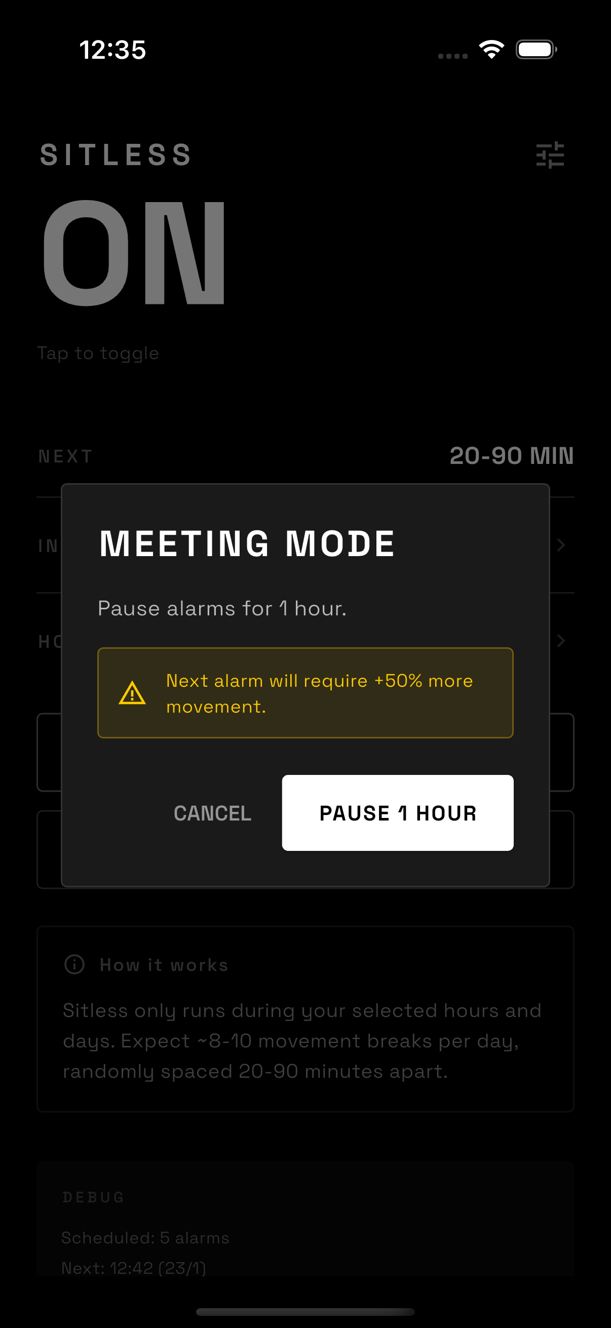 Sitless settings screen